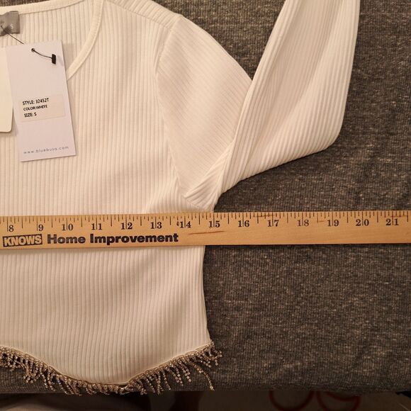 Bluebusa Womens WHITE Long Sleeve Crop Top W/ Rhinestone  Sz Small NWT Festival - Picture 6 of 6